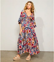 Free People Printed Dixie V Neck 3/4 Sleeve Maxi Dress