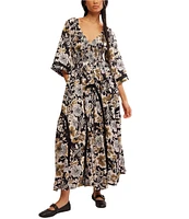 Free People Printed Dixie V Neck 3/4 Sleeve Maxi Dress