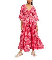 Free People Printed Dixie V Neck 3/4 Sleeve Maxi Dress