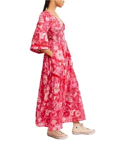 Free People Printed Dixie V Neck 3/4 Sleeve Maxi Dress