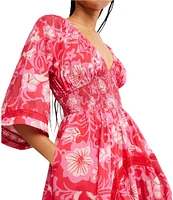 Free People Printed Dixie V Neck 3/4 Sleeve Maxi Dress