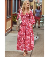 Free People Printed Dixie V Neck 3/4 Sleeve Maxi Dress