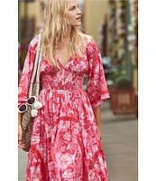 Free People Printed Dixie V Neck 3/4 Sleeve Maxi Dress