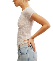 Free People Ready To Go Lace Crew Neck Cap Sleeve Tee