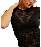 Free People Ready To Go Lace Crew Neck Cap Sleeve Tee