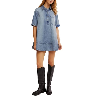 Free People Remino Collar Neck Short Sleeve Denim Mini Dress