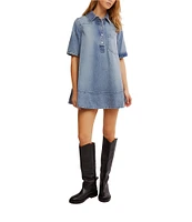 Free People Remino Collar Neck Short Sleeve Denim Mini Dress
