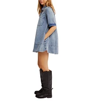 Free People Remino Collar Neck Short Sleeve Denim Mini Dress