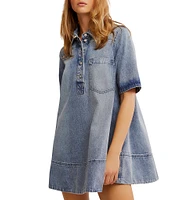 Free People Remino Collar Neck Short Sleeve Denim Mini Dress
