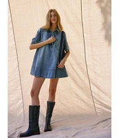 Free People Remino Collar Neck Short Sleeve Denim Mini Dress