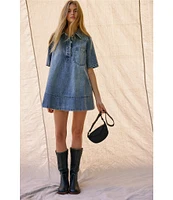 Free People Remino Collar Neck Short Sleeve Denim Mini Dress