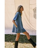 Free People Remino Collar Neck Short Sleeve Denim Mini Dress