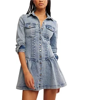 Free People Roadhouse Denim Point Collar 3/4 Sleeve Button Down Mini Dress