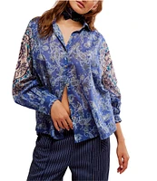 Free People Rose Bud Paisley Print Point Collar Neck Long Sleeve Button Front Blouse