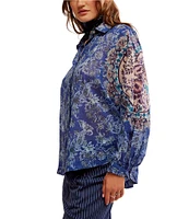 Free People Rose Bud Paisley Print Point Collar Neck Long Sleeve Button Front Blouse