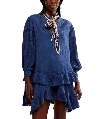 Free People Sachi Cotton V-Neck Long Sleeve Front Button Embroidered Ruffle Hem Mini Dress