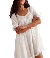Free People Sandy Shores Scoop Neck Short Puff Sleeve Tiered Babydoll Mini Dress