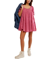 Free People Sandy Shores Scoop Neck Short Puff Sleeve Tiered Babydoll Mini Dress