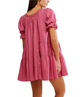 Free People Sandy Shores Scoop Neck Short Puff Sleeve Tiered Babydoll Mini Dress