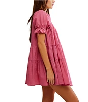 Free People Sandy Shores Scoop Neck Short Puff Sleeve Tiered Babydoll Mini Dress