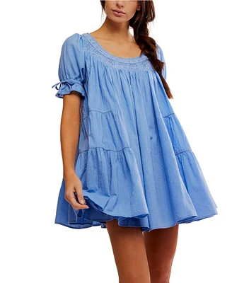 Free People Sandy Shores Scoop Neck Short Puff Sleeve Tiered Babydoll Mini Dress