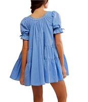 Free People Sandy Shores Scoop Neck Short Puff Sleeve Tiered Babydoll Mini Dress