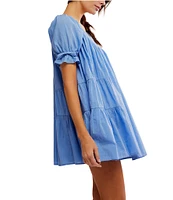 Free People Sandy Shores Scoop Neck Short Puff Sleeve Tiered Babydoll Mini Dress