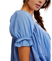 Free People Sandy Shores Scoop Neck Short Puff Sleeve Tiered Babydoll Mini Dress