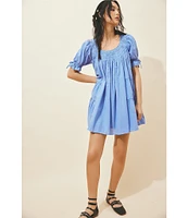 Free People Sandy Shores Scoop Neck Short Puff Sleeve Tiered Babydoll Mini Dress