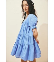 Free People Sandy Shores Scoop Neck Short Puff Sleeve Tiered Babydoll Mini Dress
