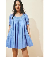 Free People Sandy Shores Scoop Neck Short Puff Sleeve Tiered Babydoll Mini Dress
