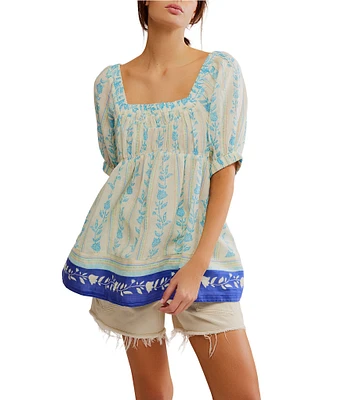 Free People Santorini Floral Printed Square Neck Short Sleeve Tunic