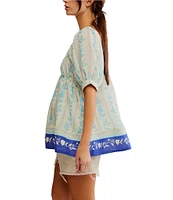 Free People Santorini Floral Printed Square Neck Short Sleeve Tunic