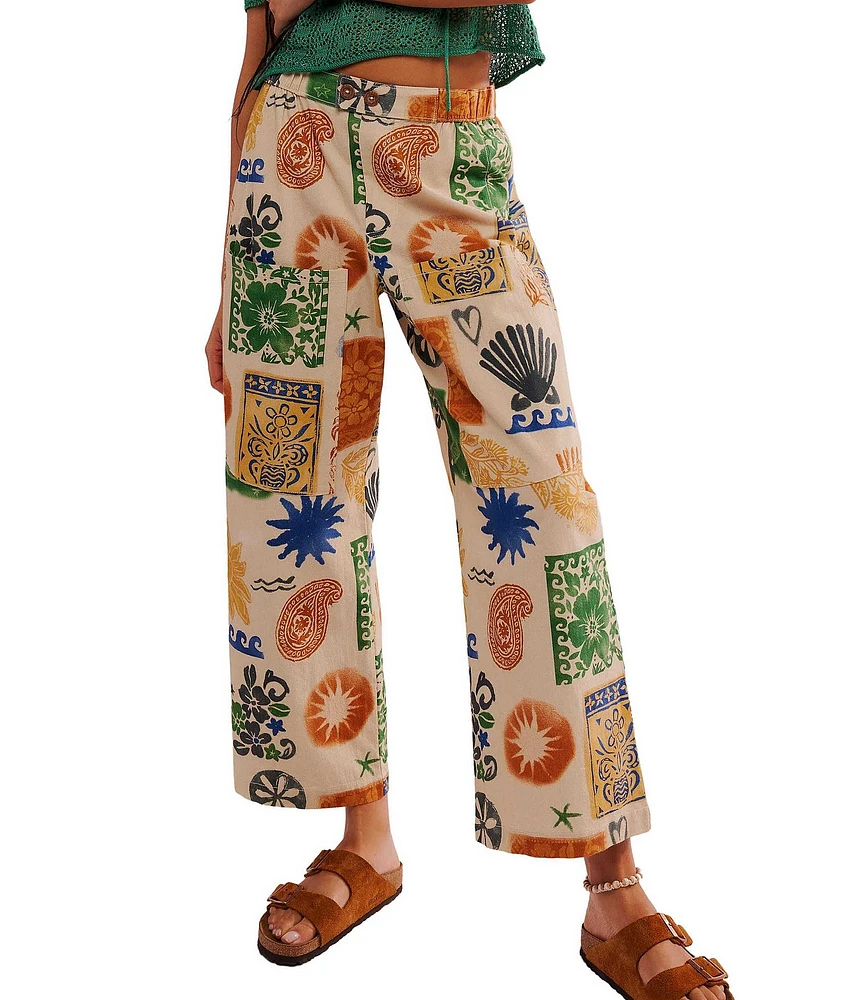 Free People Seaside Beachy Block Printed Mid Rise Wide Leg Pants