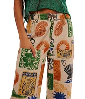 Free People Seaside Beachy Block Printed Mid Rise Wide Leg Pants