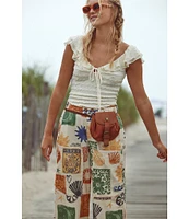 Free People Seaside Beachy Block Printed Mid Rise Wide Leg Pants