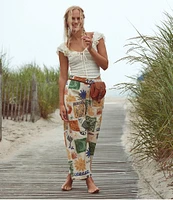 Free People Seaside Beachy Block Printed Mid Rise Wide Leg Pants