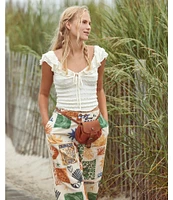 Free People Seaside Beachy Block Printed Mid Rise Wide Leg Pants