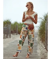 Free People Seaside Beachy Block Printed Mid Rise Wide Leg Pants