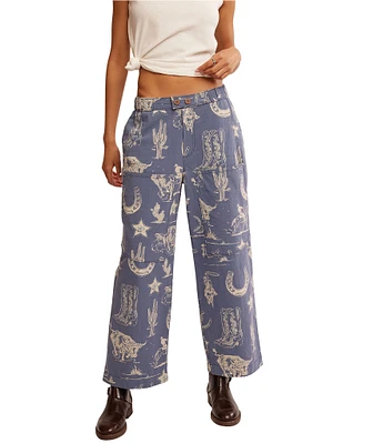 Free People Seaside Rodeo Block Printed Mid Rise Wide Leg Pants