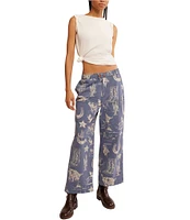 Free People Seaside Rodeo Block Printed Mid Rise Wide Leg Pants