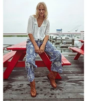 Free People Seaside Rodeo Block Printed Mid Rise Wide Leg Pants