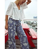 Free People Seaside Rodeo Block Printed Mid Rise Wide Leg Pants