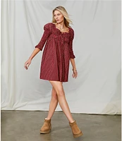 Free People Star Dip Dotted Print Square Neck 3/4 Sleeve Smocked Mini Dress