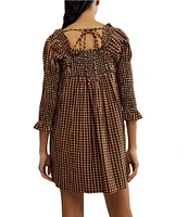 Free People Star Dip Dotted Print Square Neck 3/4 Sleeve Smocked Mini Dress