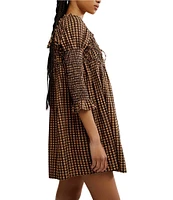 Free People Star Dip Dotted Print Square Neck 3/4 Sleeve Smocked Mini Dress