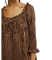 Free People Star Dip Dotted Print Square Neck 3/4 Sleeve Smocked Mini Dress