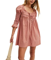 Free People Star Dip Dotted Print Square Neck 3/4 Sleeve Smocked Mini Dress