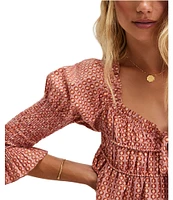 Free People Star Dip Dotted Print Square Neck 3/4 Sleeve Smocked Mini Dress