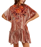 Free People Sweet Echoes Velvet Floral Print Crew Neck Short Sleeve Mini Dress